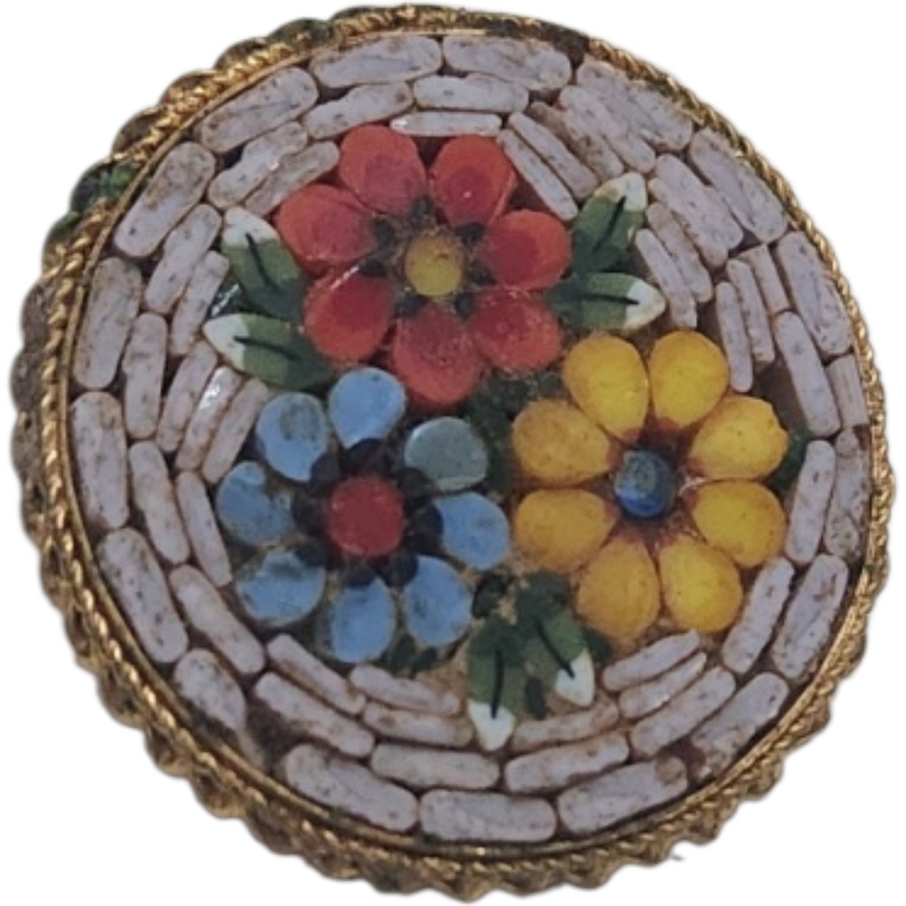 Vintage‎ Made in Italy Micro Mosaic Floral Brooch Round Gold Tone Pin 1 Inch